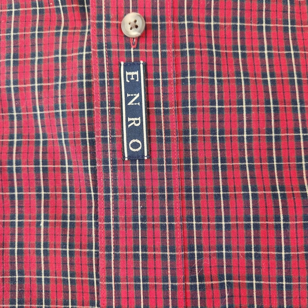 ENRO Mens M Button Down Shirt Long Sleeve Red Blue Checked Casual Wrinkle Free - Picture 7 of 7